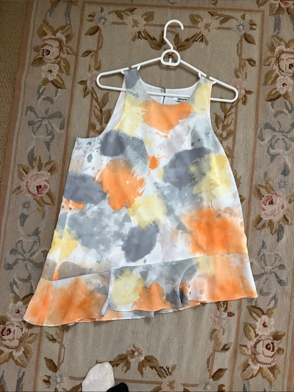 DKNYC Orange, Gray & Yellow Watercolor Ruffle Tank